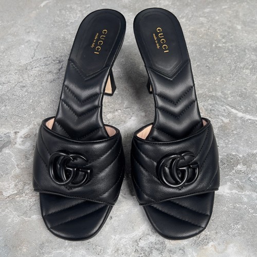 GUCCI Marmont Double GG Slide Sandals Mule Heels Black Leather 7 US or 37 EUR - Picture 6 of 15