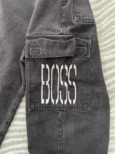 Vintage 90s BOSS Black Denim Cargo Jeans Embroidered Logo Baggy Distressed 32/32 - Picture 9 of 23