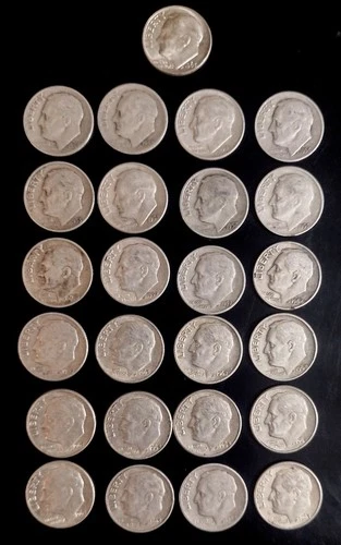 Lot of 25 Roosevelt Dimes 1946-1964 Mixed Dates - 90% Silver