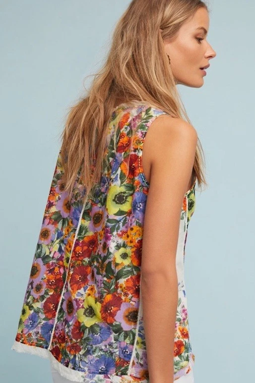 Blusa sin mangas Raga Anthropologie floral colorida de algodón con borlas M (Est) Foto 3 de 4
