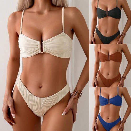 Sporty Women's Bikini Swimsuit Solid Color Stripe Camisole for Beach Use - Picture 2 of 16