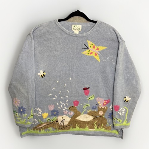 Vintage Quaker Factory 2X Bunny Sweater Blue Easter Embroidered Spring Rabbit