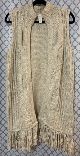 Chico's Fransen Fran Weste Gr. 2 hellbraun Zopfmuster offen Long Cardigan Pullover Boho