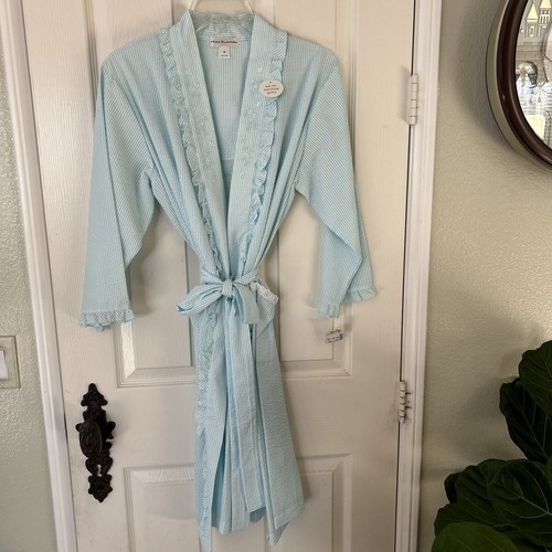 MISS ELAINE Womens Lightweight Cotton Mid Robe M~ Blue & White Stripe New Tags - Picture 9 of 9