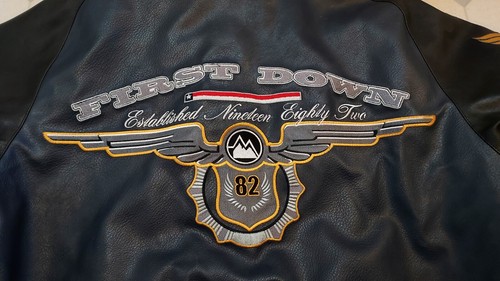 FIRST DOWN AVIATION GENUINE PVC LEATHER JACKET BLACK & BLUE SIZE MEDIUM - Picture 2 of 10