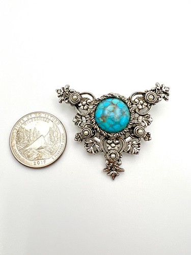 Vintage Sarah Coventry silberfarbene Faux Türkis & Perlen Brosche Anstecknadel - Bild 4 von 8