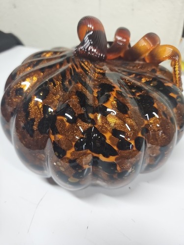 Pier One/Art Glas mundgeblasen Gold Swirl Leppard Kürbis lockiger Stiel 9 Zoll - Bild 3 von 14