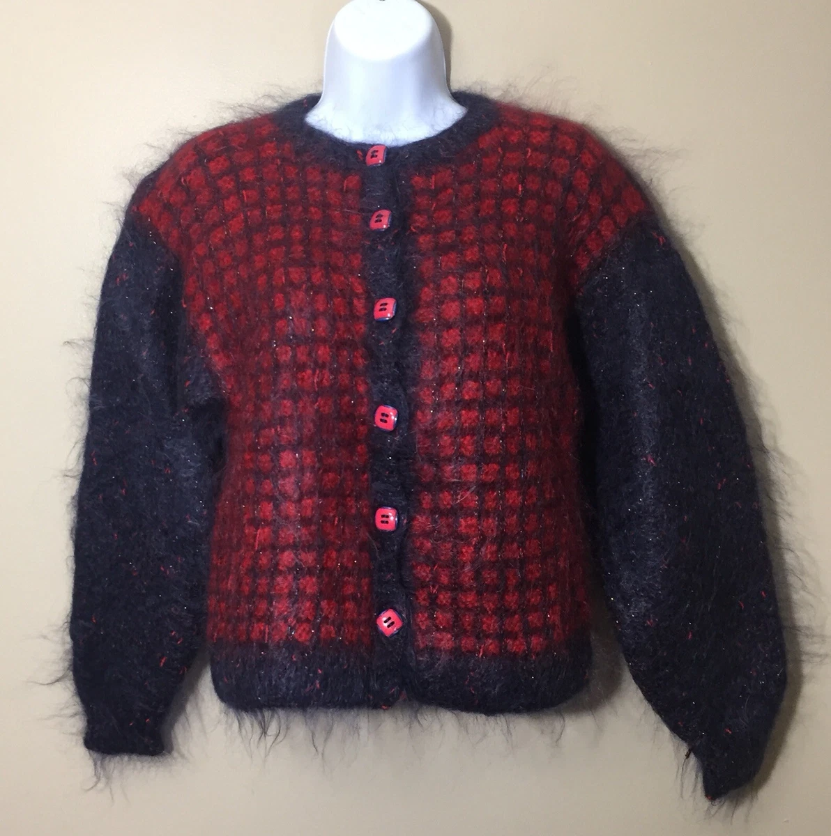 Vintage Womens Small Handmade Blue And Red Mohair Sweater Button Front S Hairy