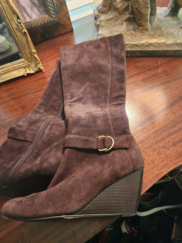 Cole Haan Air Lainey Wedge Boots Womens 7.5 Brown Suede Tall Buckle Knee High - Picture 5 of 14