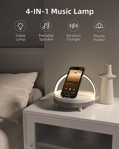 Gift for Her, Music Table Lamp with Wireless Charger, 4 in 1 Touch Bedside Lamp, - Picture 2 of 12