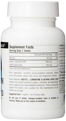 Source Naturals Acetyl L-CARNITIN & Alpha-Liponsäure 650mg 60 Tabletten - Bild 2 von 2