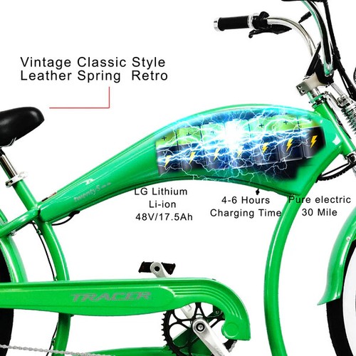 26" Fat Tires Dual Springs 500W Electric Throttle Chopper Cruiser Stretch E-Bike - Picture 12 of 16