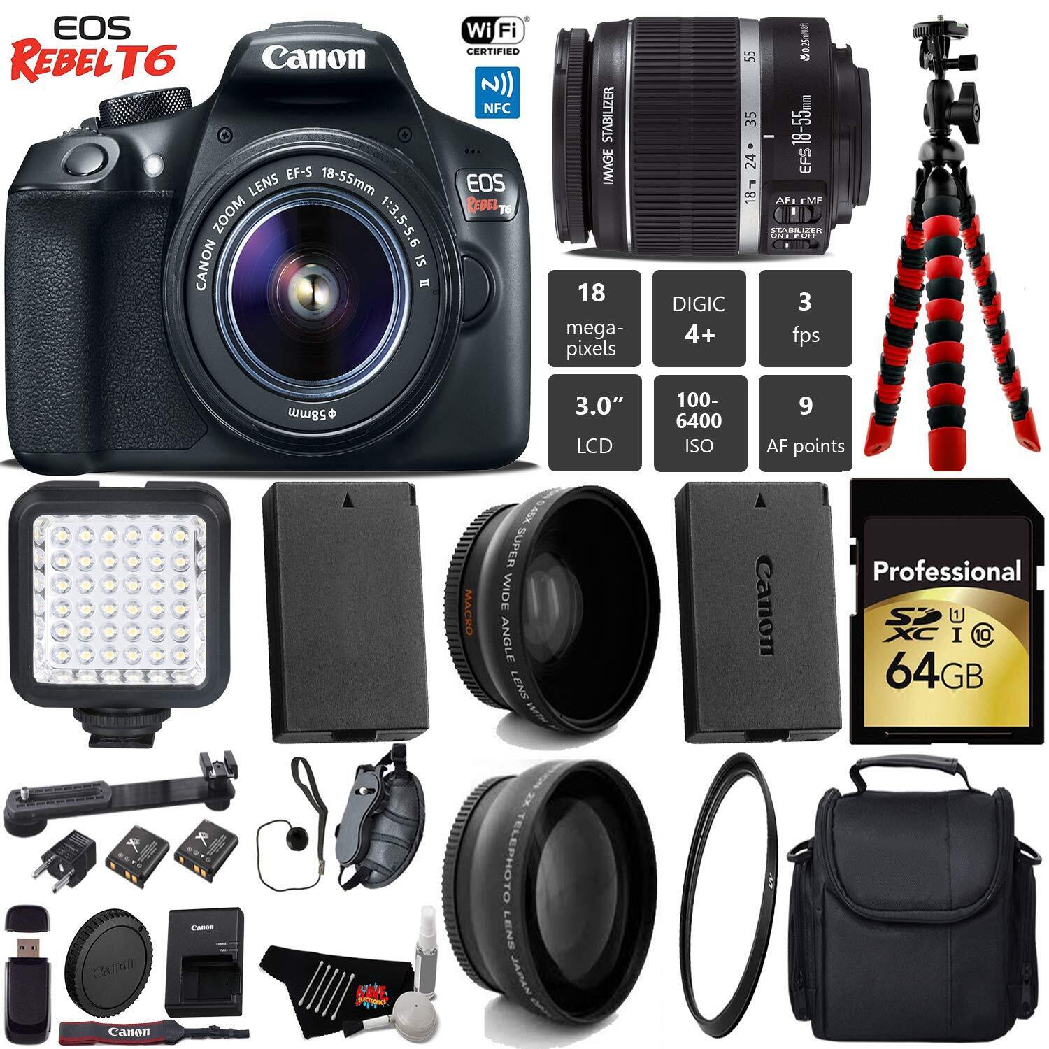 Цифровая зеркальная фотокамера Canon EOS Rebel T6 с объективом is II 18-55 мм + LED + UV FLD CPL...