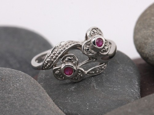 Sterling Silver 925 Natural Ruby & Diamond Flower Petal Twist Ring Size M - Picture 2 of 9