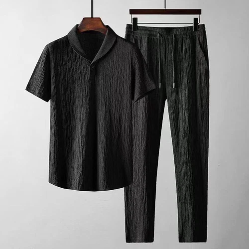 Sommer Herren 2-teiliges Baumwoll Leinen Wanderanzug Kurzarm Freizeit Hemd & Hose Set - Bild 4 von 22