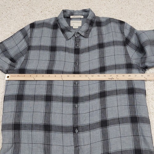 CROSSLEY Plaid 100% Linen Button Up Shirt Men's Sz L, Made In Italy Grey/Black - Picture 10 of 12