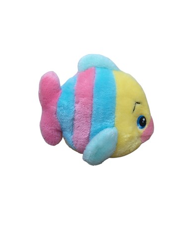 Fish Plush Pink blue yellow round flat cartoon eyes eyebrows stuffed animal toy