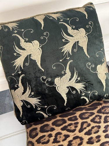 Roberto Cavalli Pillow Square Cushions Silk Velvet Birds Leopard Black Gold New - Picture 22 of 24