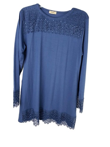 P.N.R Women Blouse Size 4XL Blue Lace Accents Long Sleeve Scoop Neck Pullover - Bild 1 von 7