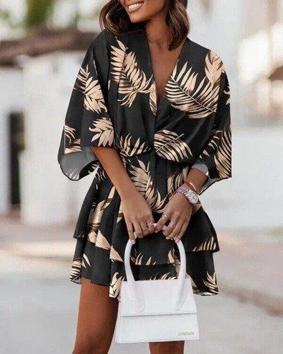 Womens Boho Floral Ruffle Dress Summer Holiday Beach V Neck Mini Dresses Size 16 - Picture 9 of 29