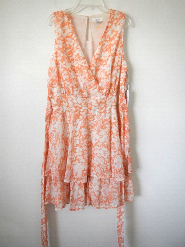 JAPNA L NWT Peach White Floral Belted Smocked Sleeveless Crossover Ruffle Dress