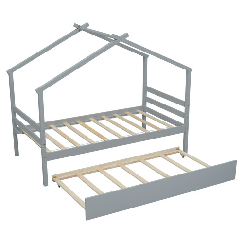 House Bed with Trundle Solid Wood Twin Size Daybed for Girls & Boys Platform Bed - Picture 32 of 56