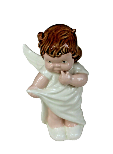 DE COLECCIÓN 5” PORCELANA QUERUBÍN ÁNGEL NIÑA PELO MARRÓN TONO CARNOSO ALAS BLANCAS  - Imagen 1 de 5