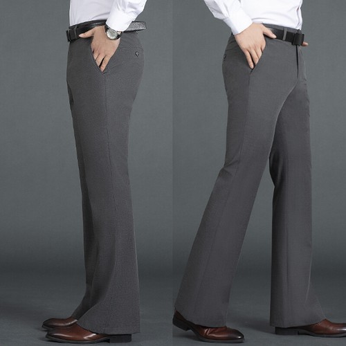 Pantalone uomo fondo a campana svasato formale elegante pantalone slim ufficio lavoro casual tinta unita - Foto 5 di 17