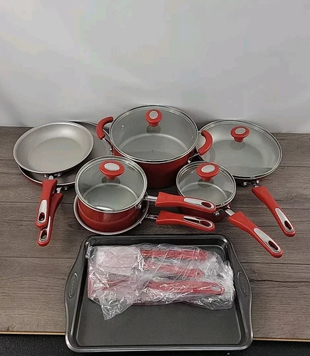 Rachel Ray 15 Piece Non-stick Porcelain Red Cookware Set | New Open Box