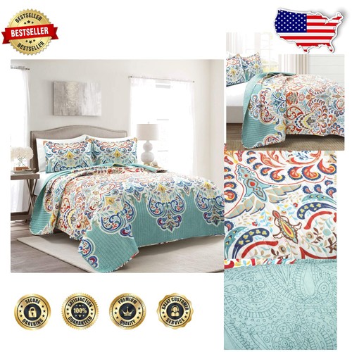 Vibrant Seafoam & Red Paisley Quilt Set - King Reversible 3-Piece Cotton Bedding