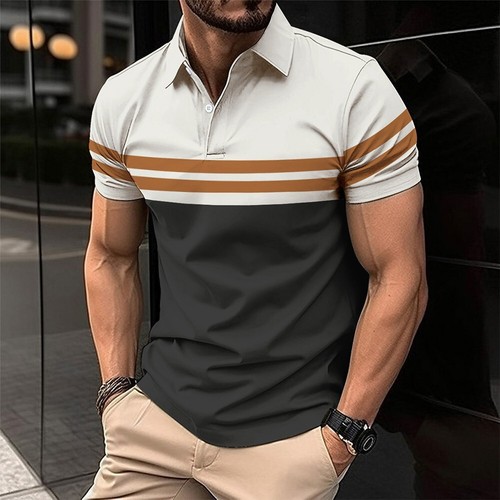 T-shirt uomo a righe maniche corte slim con bottoni colletto camicia muscolare camicetta top - Foto 18 di 26