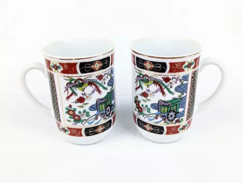 VTG Imari Heritage Japan Porcelain Coffee Tea Mug Set Of 2 Peacock Rickshaw Gold