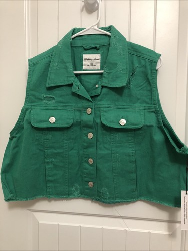 Highway Jeans Denim Vest Women's 3X Green Sleeveless Distressed Cropped