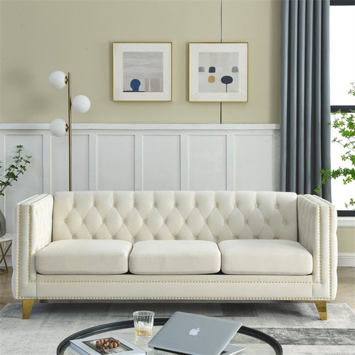 Modern 3 Seater Button Tufted Velvet Sofa Upholstered Couch with Gold Metal Legs - Picture 1 of 18