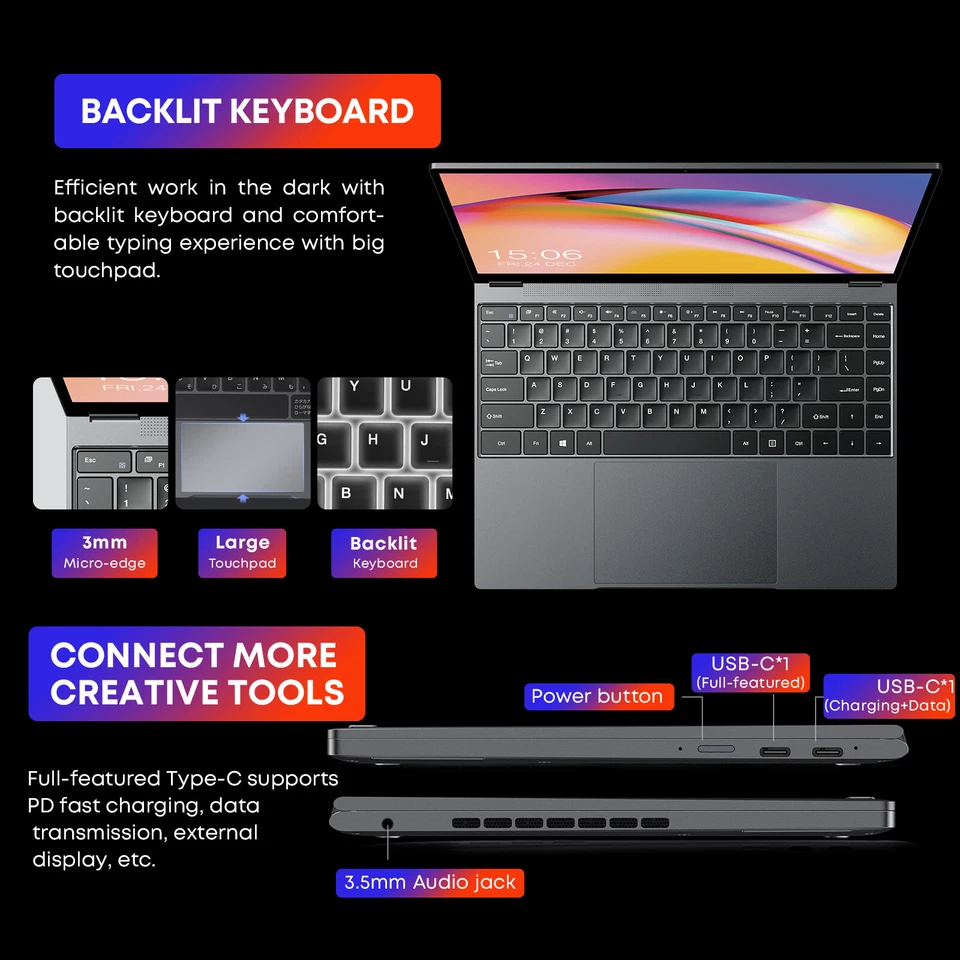 CHUW MiniBook X Touchscreen Laptop Intel N100 12GB 512GB SSD Windows 11 Home - Image 4 of 4