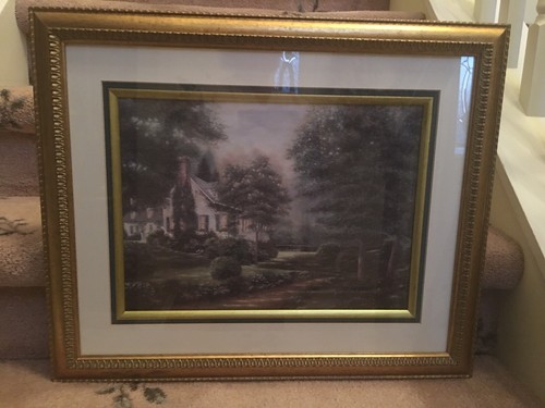 Thomas Kincade Countryside White House Gold Wood Frame Green Matt Glass 23”x19” - Picture 2 of 7