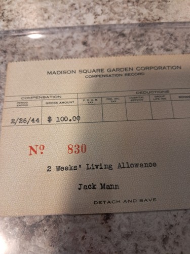 Original 1944 jack Mann Check Stub Madison Square Garden New York Rangers Hockey