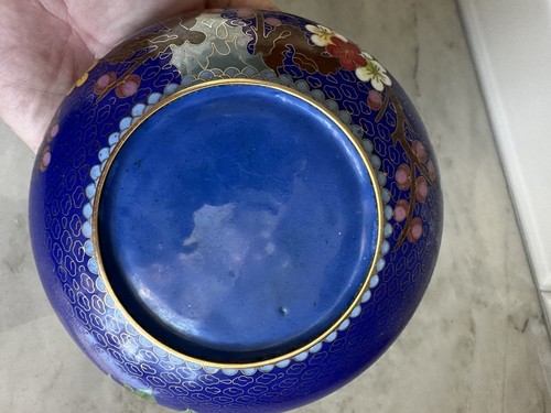 Vintage Chinese Cloisonné 8” Blue Bird Floral Trinket Box Vase Bowl - Picture 6 of 6