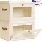 Front Opening Clear Storage Bins Stackable Collapsible Organizer W/ Handles New