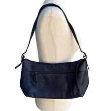 Tignanello Navy Leather Adjustable Strap Silver Color Hardware Zip Shoulder Bag