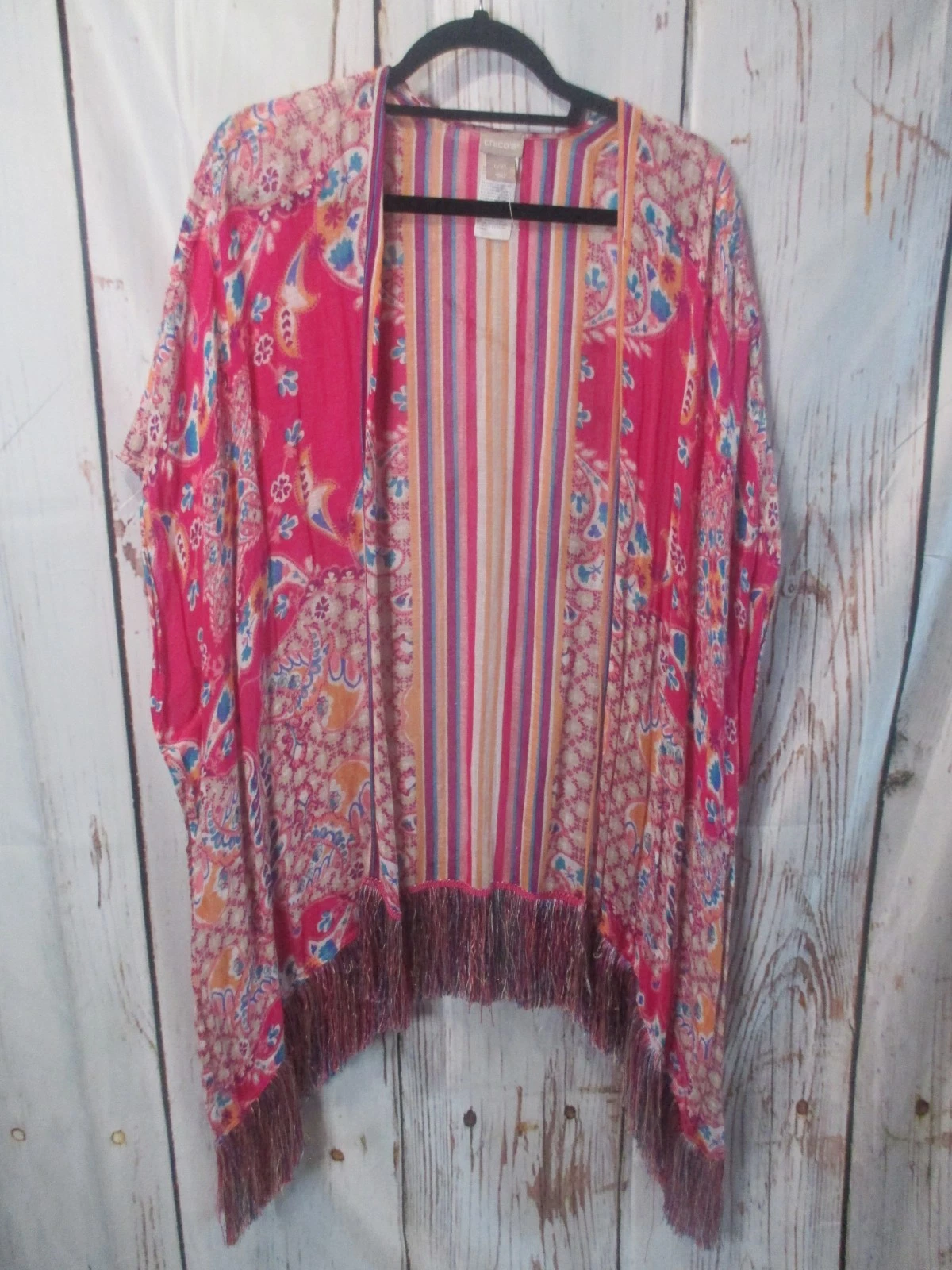 NWOT CHICO'S L / XL 2 / 3 Pink Floral Kaftan Linen Blend Poncho Ruana w Fringe