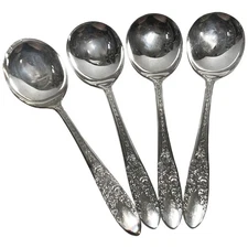 Rose & Leaf by National Silver Co. Silverplate Set of 4 Gumbo Soup Spoons 7"