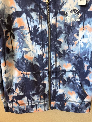 Justice Blue Palm Trees Sunsets Fleece Full Zip Up Hoodie Jacket Size L 12/14 - Picture 5 of 6