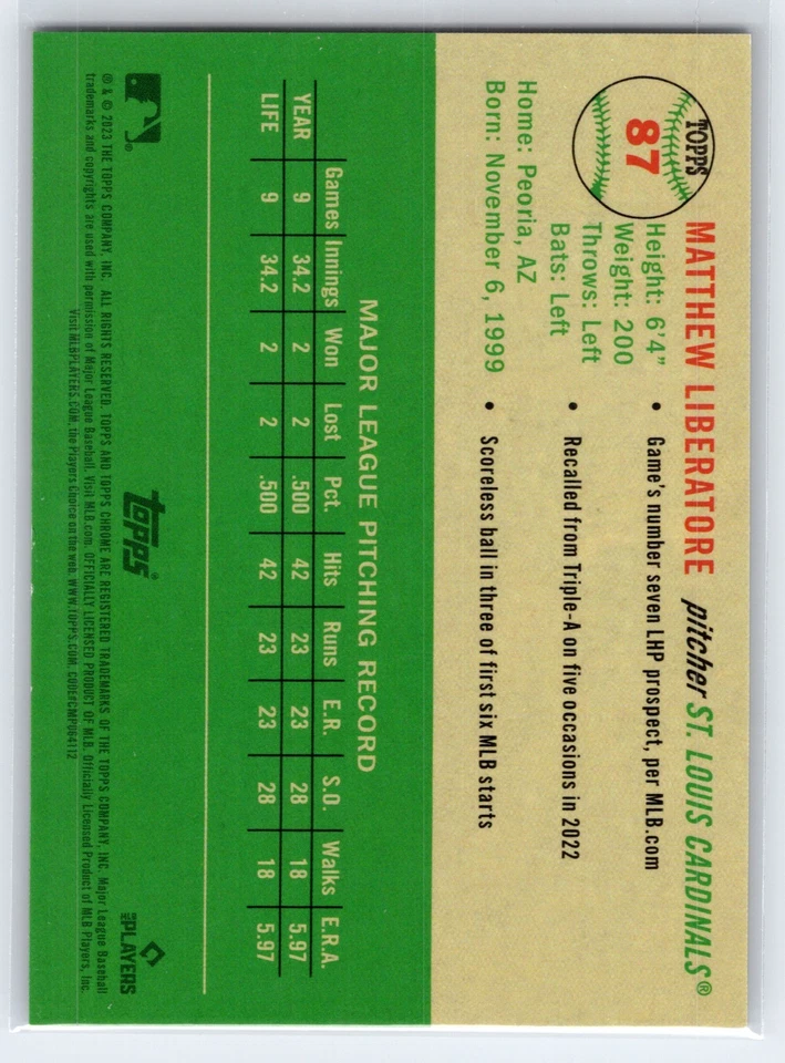 2023 Topps Chrome Platinum GOLD Matthew Liberatore Rookie /50 St. Louis SSP - Image 2 of 2