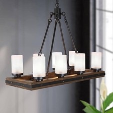 LNC Farmhouse Linear Wood Chandelier 8-Light Black Island Pendant with Gold