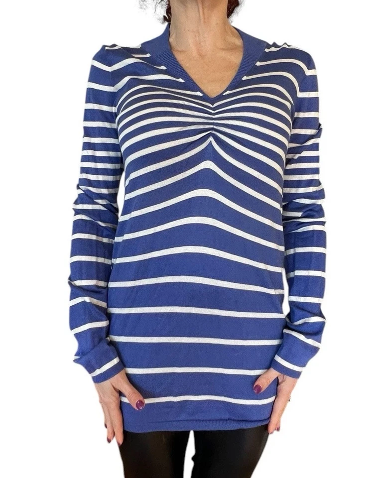 SUÉTER LARGO TEJIDO RICHARD CHAI AZUL BLANCO RAYAS ACANALADO CUELLO EN V TOP NUEVO CON ETIQUETAS M/L Foto 2 de 4