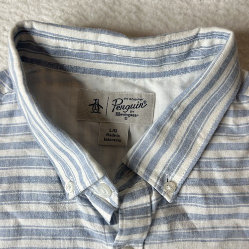 Penguin L camicia uomo a righe bianca blu manica corta - Foto 5 di 8