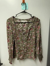 Loft Green Floral Multi Smocked Long Sleeve Ladies Blouse - Size S
