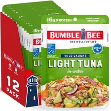 Chunk Light Tuna in Water 2.5 oz Pouches Pack of 12 - Ready to Eat Wild Caugh...