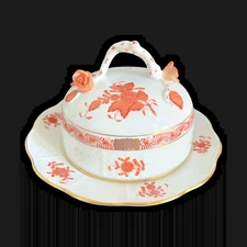 Herend Chinese Bouquet Rust Round Covered Butter Dish -Rare- Approx. 4"